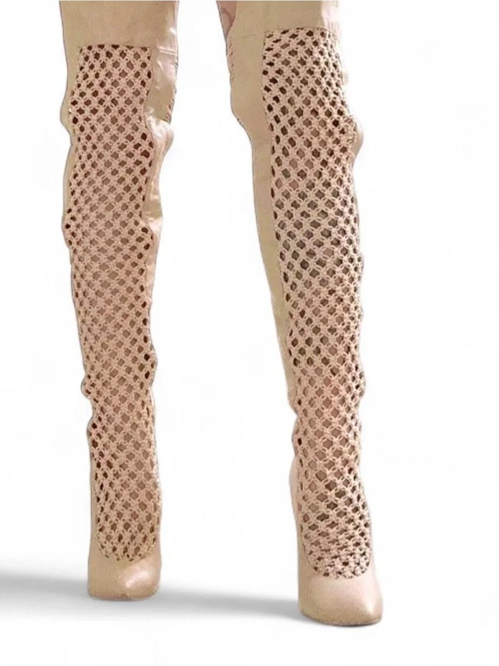 bebe Beige Over-the-Knee Stiletto Boots with Braided Panel